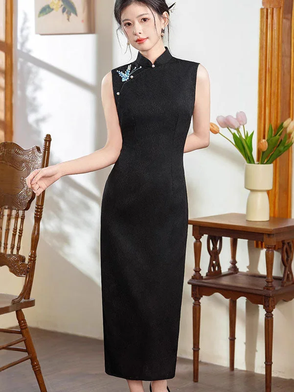 Black Jacquard Embroidered Cheongsam Qipao Dress Tunics Modern contemporary