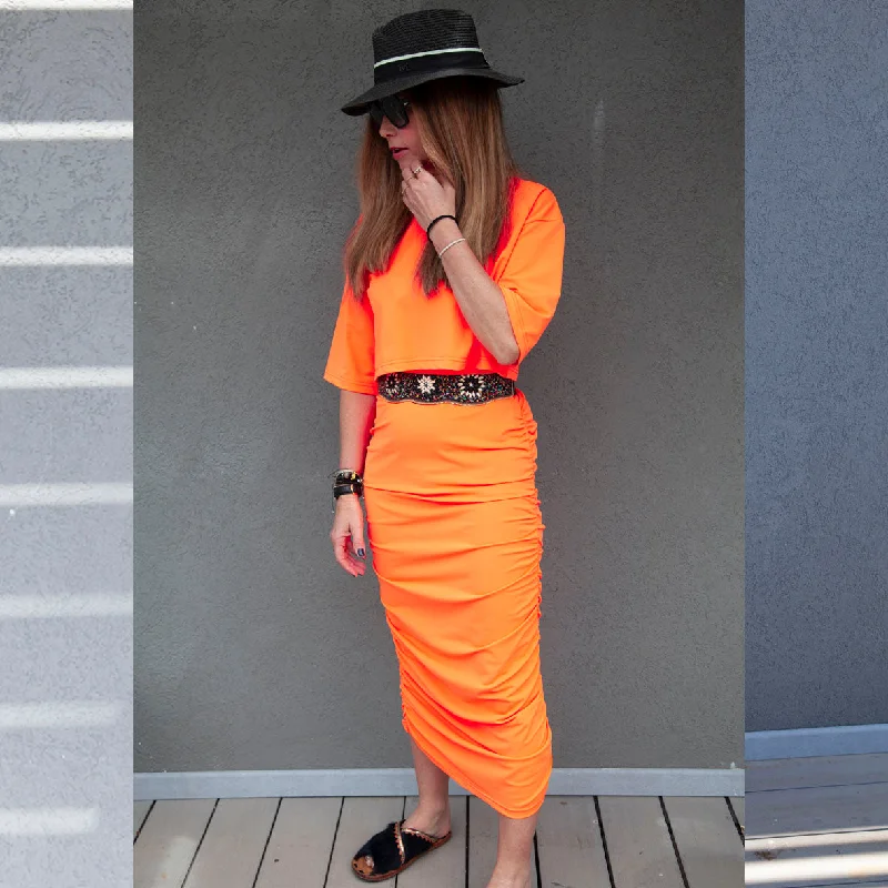 Swimsuit - D2201S Dress with straps - Fluo Orange - ankle length Button-Front Swimsuit