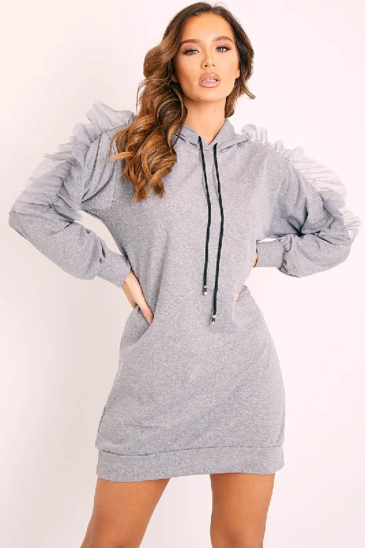 Grey Mesh Frill Sleeve Hoodie Jumper Dress - Carlotta Hoodie with Ribbed Hem Stretchable Secure Grey Mesh Frill Sleeve Hoodie Jumper Dress - Carlotta Hoodie with Ribbed Hem Stretchable Secure