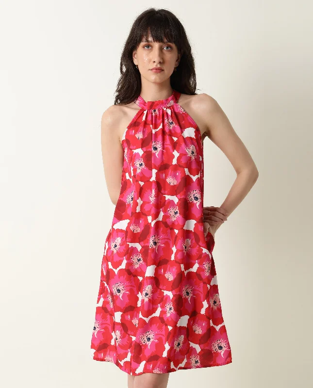 Rareism Women Oasis Red Floral Print Gathered Halter Neck Sleeveless With Pockets Knee Length Dress Crew Neckline Sporty Rareism Women Oasis Red Floral Print Gathered Halter Neck Sleeveless With Pockets Knee Length Dress Crew Neckline Sporty