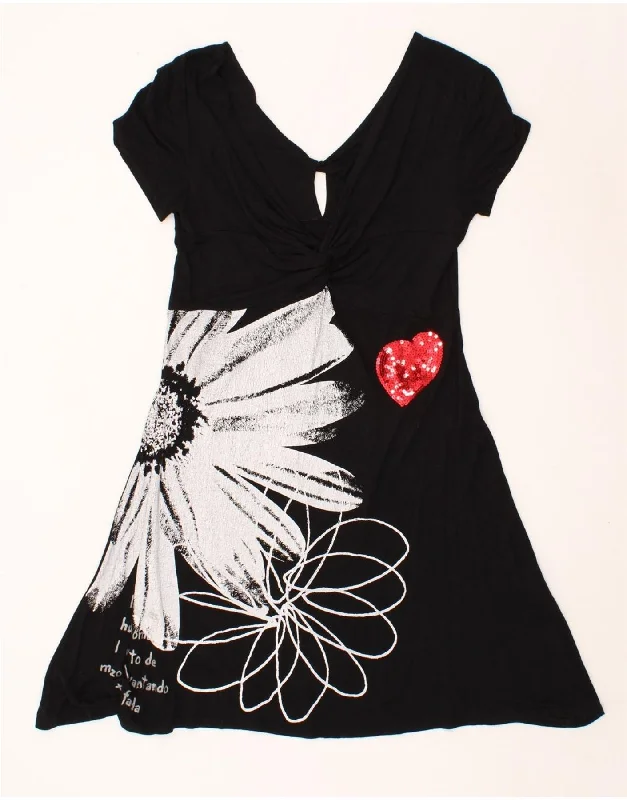 DESIGUAL Womens A-Line Dress UK 14 Large Black Floral Viscose Tunics Trendy modern
