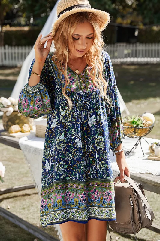 Devine Bohemian Tie Neck Balloon Sleeve Dress Tunics Gym athletic