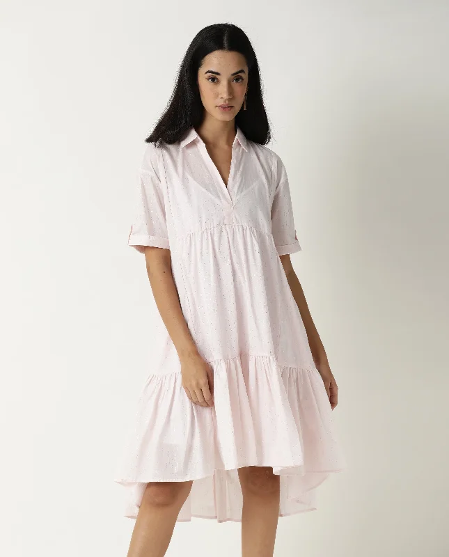 Rareism Women Loaf Light Pink Shirt Collar Short Sleeves With Pocket Tiered Knee Length Dress Tunics Luxurious high-end Rareism Women Loaf Light Pink Shirt Collar Short Sleeves With Pocket Tiered Knee Length Dress Tunics Luxurious high-end