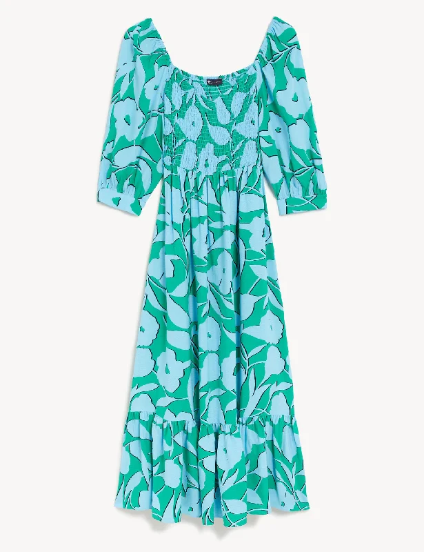 Floral Square Neck Midi Smock Dress Crew Neckline Casual