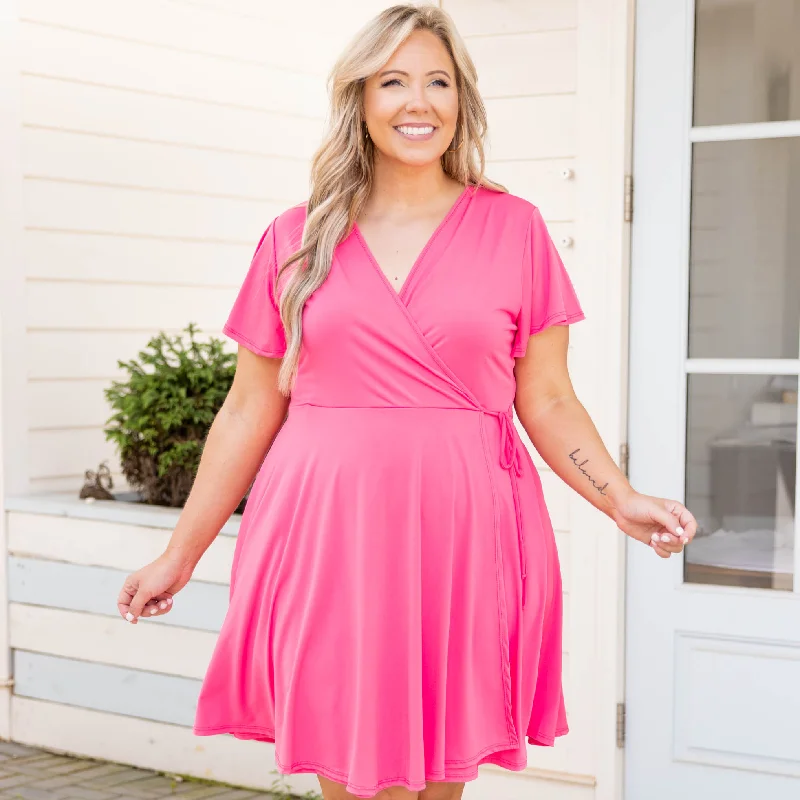 Four Page Letter Dress, Neon Pink Tunics Short Trendy