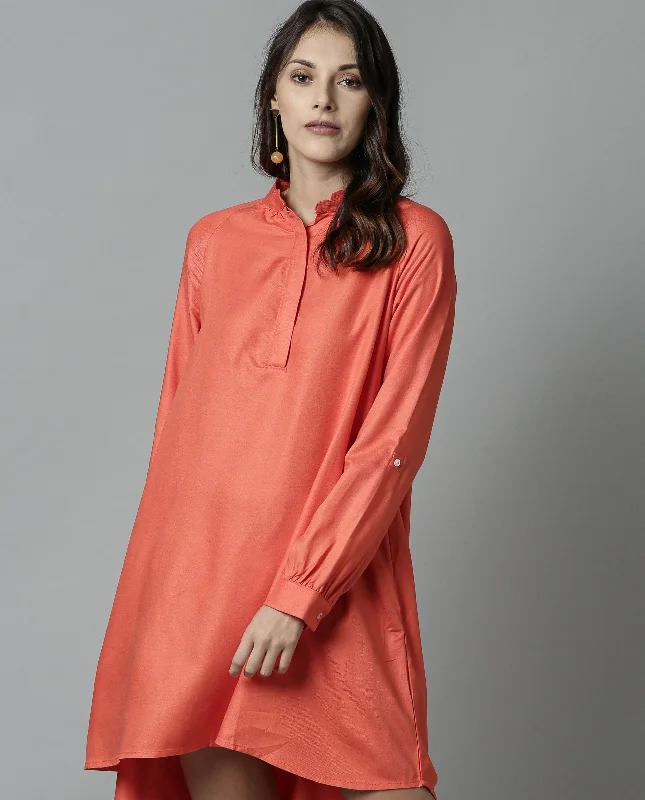 Rareism Women Salt Orange Dress Full Sleeves Solid Tunics Print Colorful