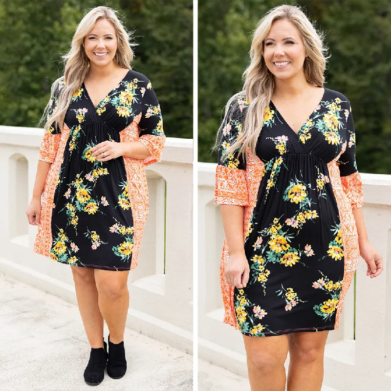 Our Favorite Song Dress, Black-Orange Tunics Trendy modern