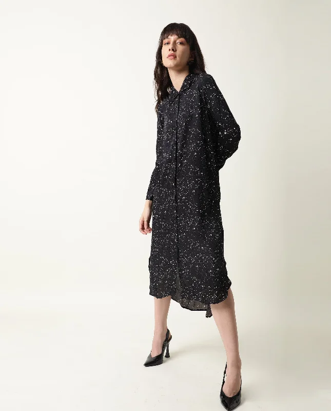 Rareism Womens Timid Black Dress Modal Fabric Regular Fit 3/4 Sleeve Collared Neck Tunics Silk luxurious Rareism Womens Timid Black Dress Modal Fabric Regular Fit 3/4 Sleeve Collared Neck Tunics Silk luxurious