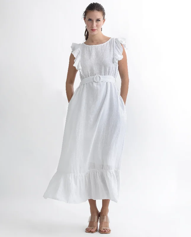 Rareism Women Anne White Linen Fabric Sleeveless Boat Neck Ruffled Sleeves Regular Fit Plain Maxi Empire Dress Tunics Satin smooth Rareism Women Anne White Linen Fabric Sleeveless Boat Neck Ruffled Sleeves Regular Fit Plain Maxi Empire Dress Tunics Satin smooth
