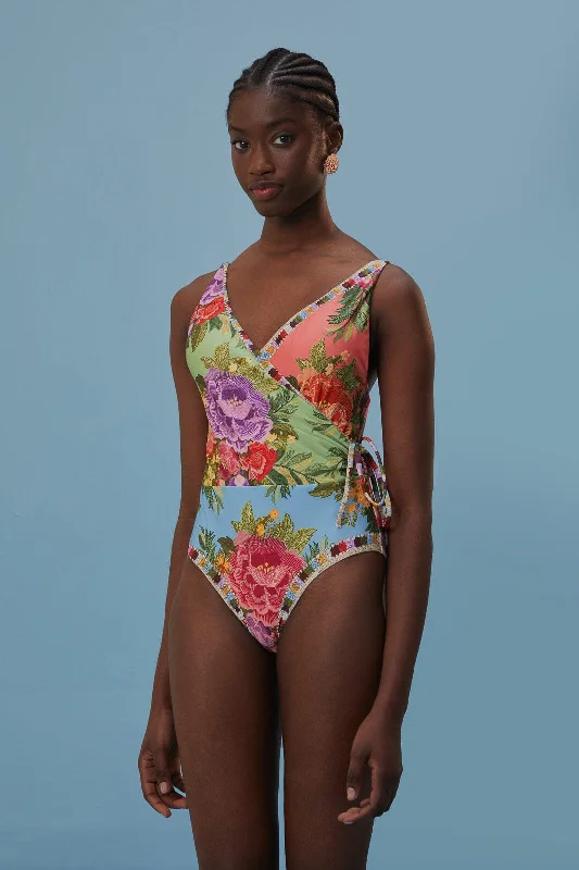 Flower Scarves One Piece Swimsuit Modern High-Waisted Swimsuit