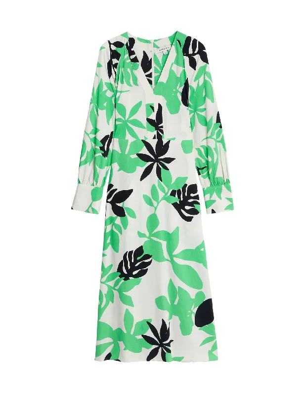 Leaf Print V-Neck Midaxi Smock Dress Off-the-shoulder Chic Trendy