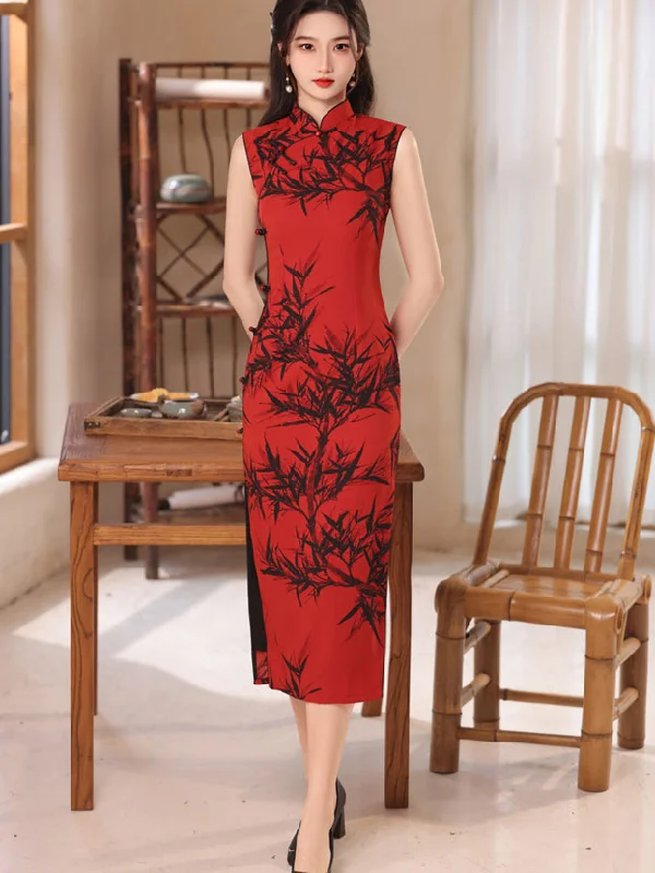 Red Bamboo Print Midi Cheongsam Qipao Dress Tunics Canvas sturdy