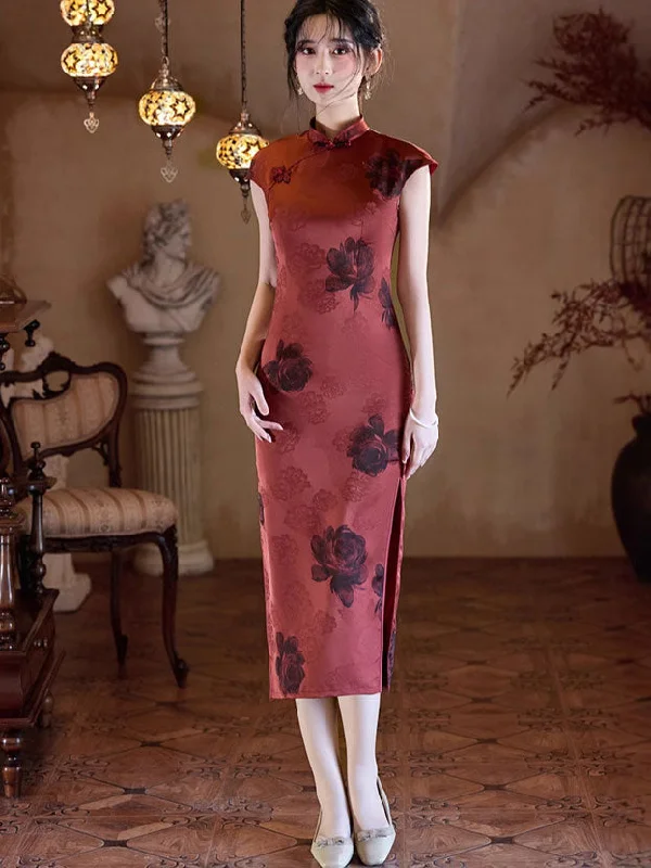 Red Floral Print Midi Cheongsam Qipao Dress Tunics Hiking breathable