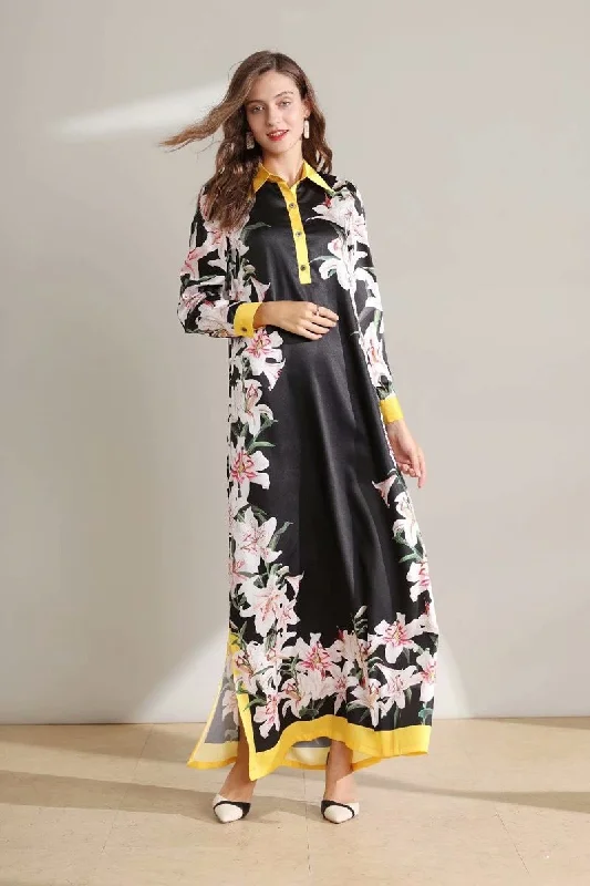 FashionSierra - Long Sleeves Floral Printed Loose Designer Fashion Casual Split Long Dresses Tunics Favorite customer