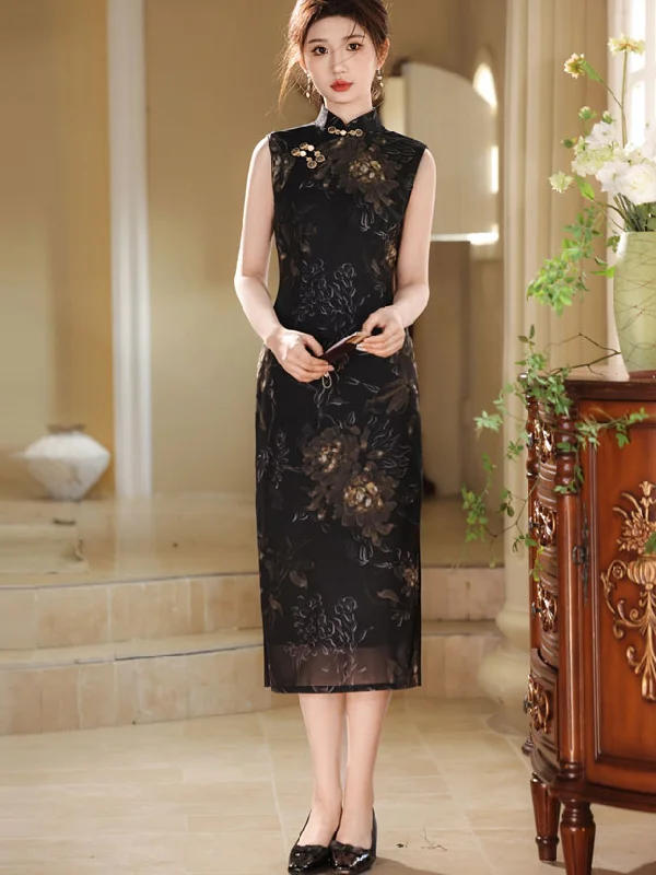 2025 Summer Black Floral Print Cheongsam Qipao Dress Tunics Prom sequined