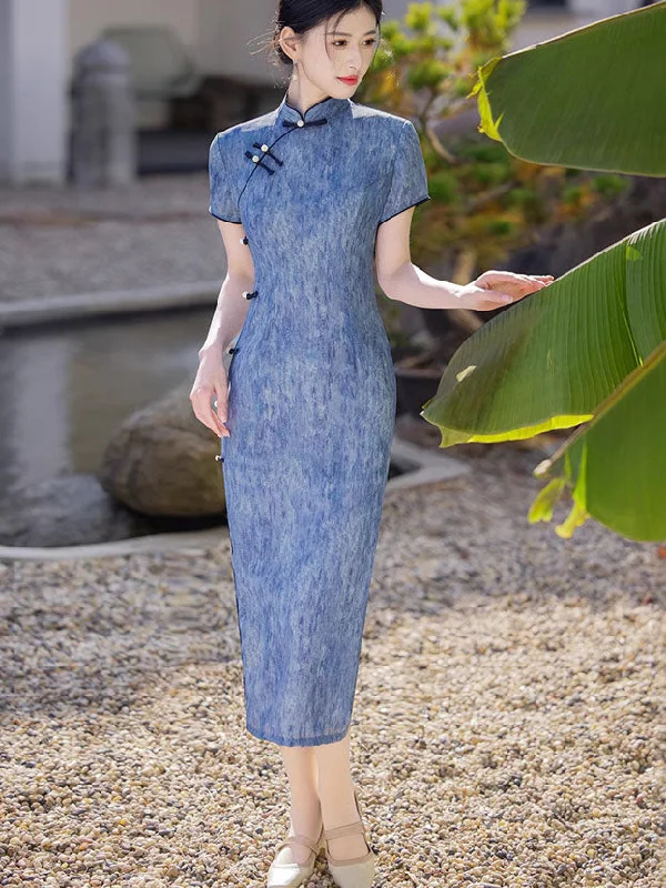 2025 Blue Printed Cheongsam Qipao Dress Tunics Winter warm