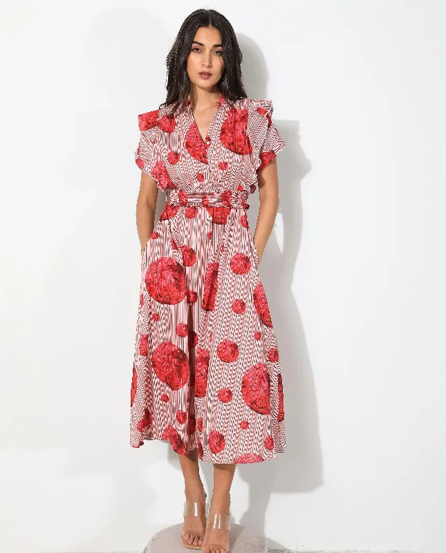 Rareism Women Senna Maroon Cotton Fabric Short Sleeves Button Closure V-Neck Ruffled Sleeves Regular Fit Floral Print Knee Length Boxy Dress Tunics stripes playful Rareism Women Senna Maroon Cotton Fabric Short Sleeves Button Closure V-Neck Ruffled Sleeves Regular Fit Floral Print Knee Length Boxy Dress Tunics stripes playful