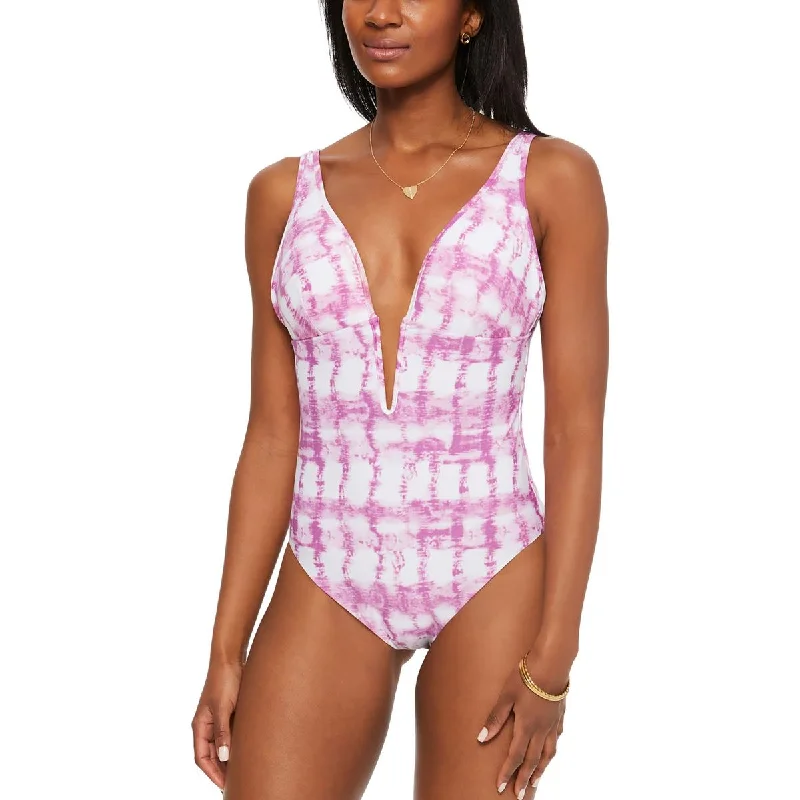 Bar III Womens Tie-Dye Plunging One-Piece Swimsuit Flirty Ruffle Swimsuit