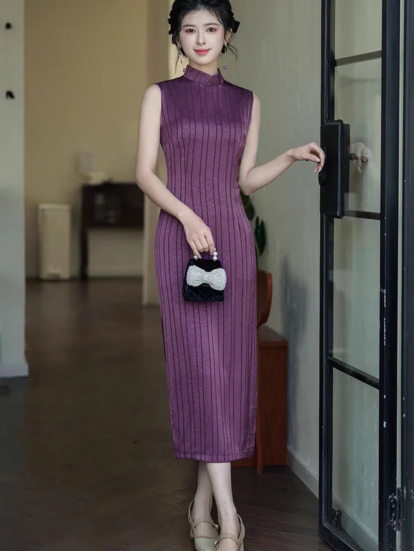 Purple Stripe Sleeveless Cheongsam Qipao Dress Tunics Brand named