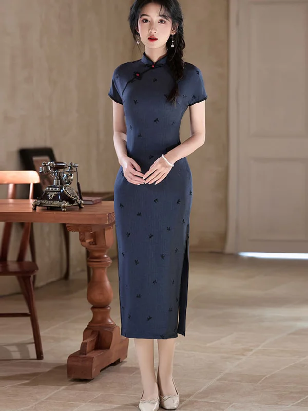Blue Black Stripe Embroidered Midi Cheongsam Qipao Dress Tunics Running lightweight