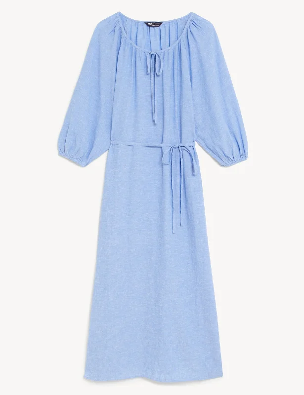 Linen Blend Tie Neck Midi Column Dress Tunics Trendy modern