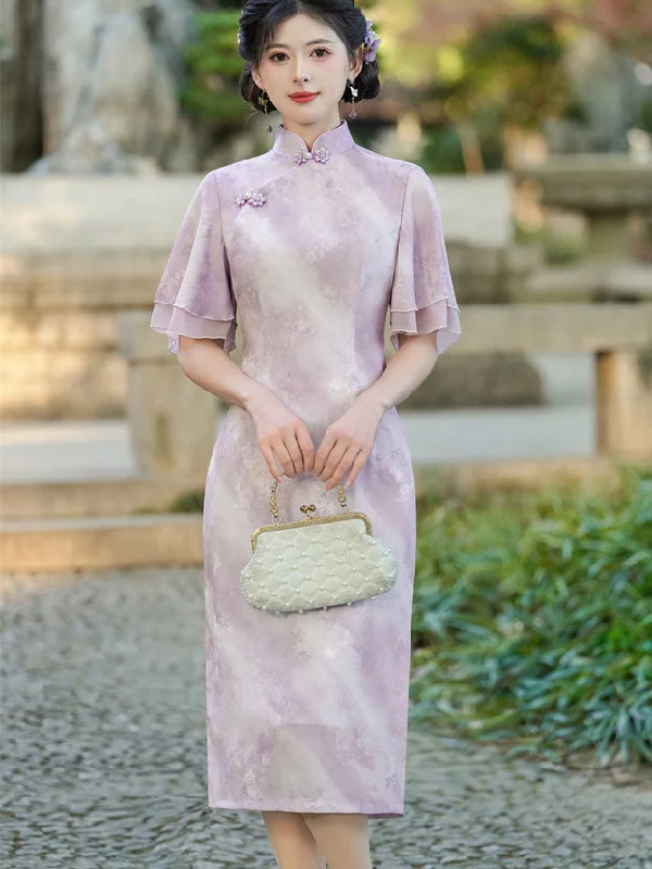 Purple Pink Floral Flutter Sleeve Cheongsam Qipao Dress Tunics Denim casual