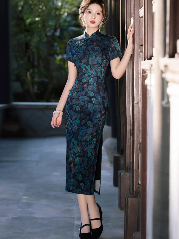 2025 Blue Floral Print Cheongsam Qipao Dress Tunics Seasonal trendy