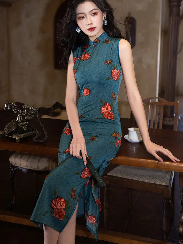2025 Summer Blue Black Floral Cheongsam Qipao Dress Tunics Evening elegant