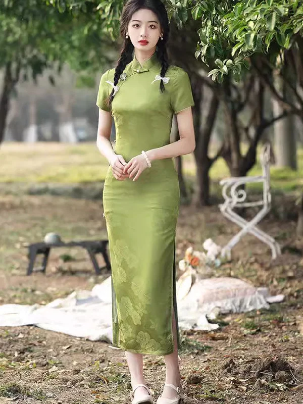 2025 Green Jacquard Maxi Cheongsam Qipao Dress Tunics Chinos classic