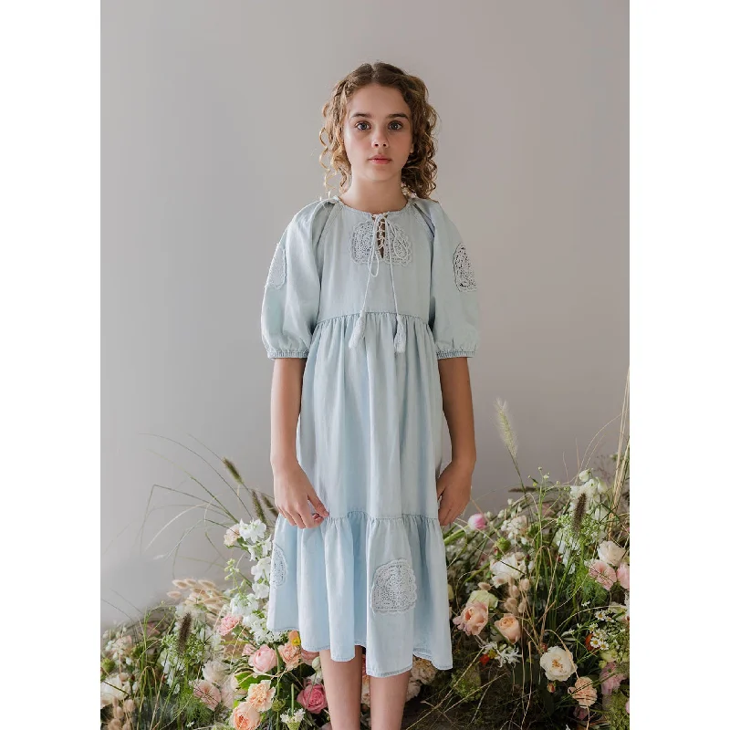 Steph Pale Wash Crochet Doily Chambray Dress sweetheart Neckline Romantic