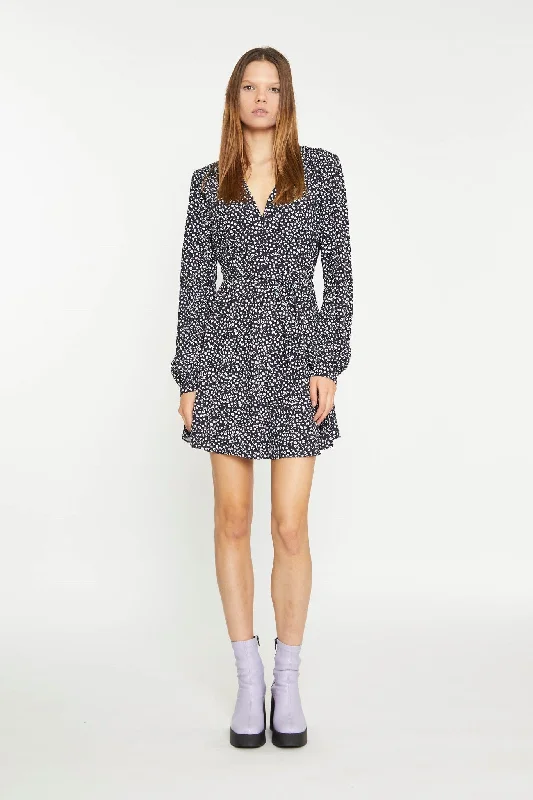 Black Multi-Leopard Tie Waist Long-Sleeve Mini-Dress Tunics Brand named