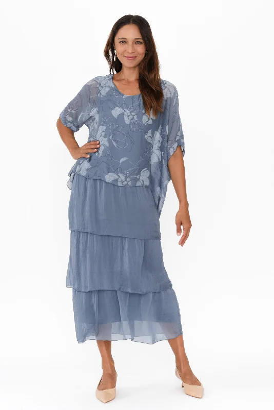 Rosetta Blue Floral Silk Layer Dress Tunics Polka dots