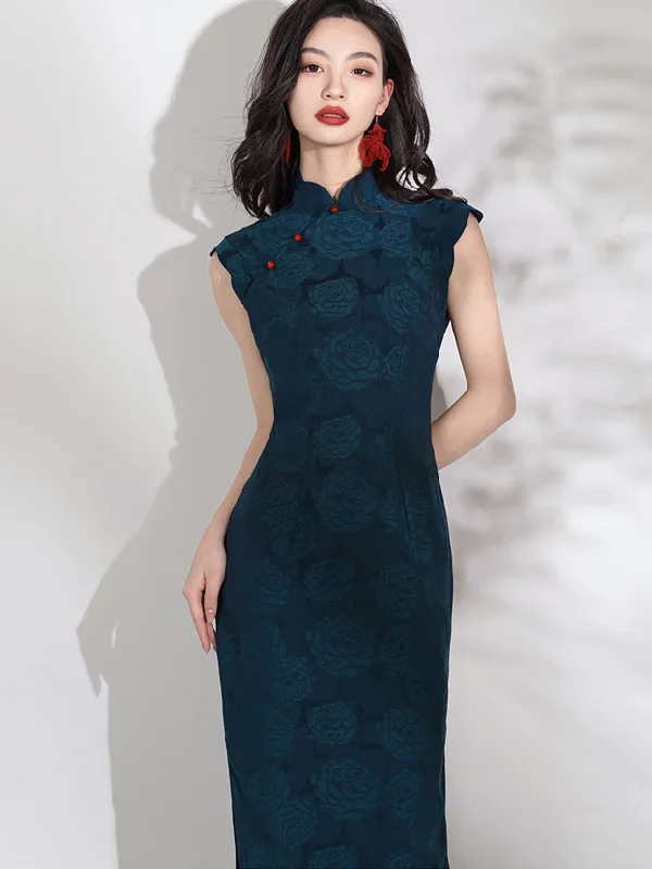 Blue Jacquard Floral Cheongsam Qipao Dress Tunics Travel practical