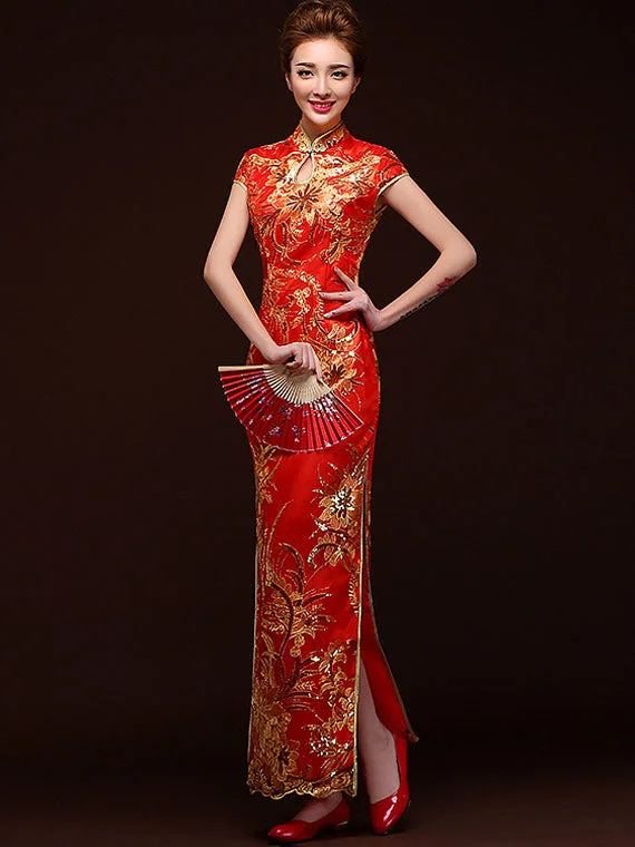 Full-Length Sequins Floral Cheongsam  Qipao Evening Dress Tunics Fleece cozy
