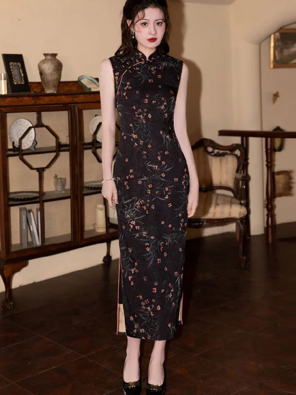 Black Floral Print Sleeveless Cheongsam Qipao Dress Tunics Ceremony elegant