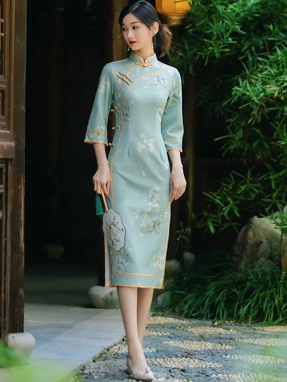 Blue Floral Print Mid Cheongsam Qipao Dress Tunics Handmade artisanal