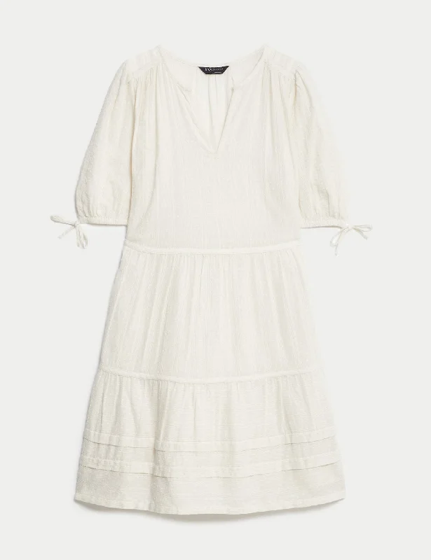 Pure Cotton V-Neck Mini Tiered Dress Square Neckline Feminine