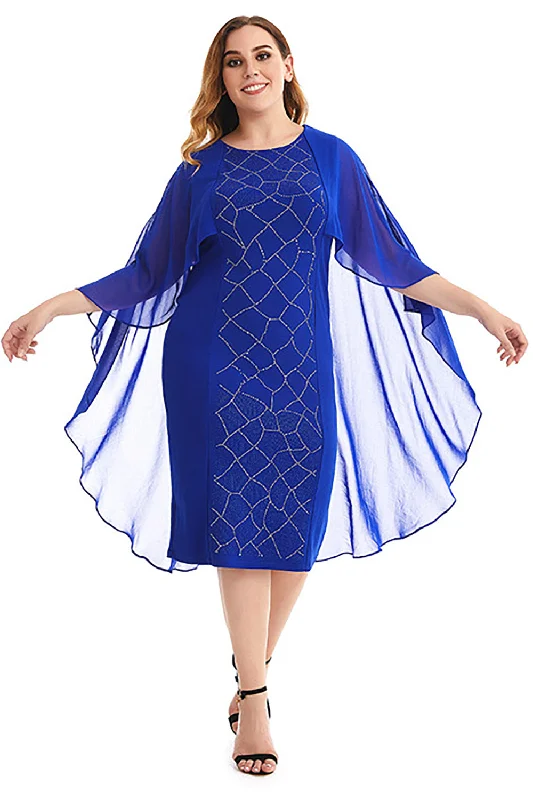 Plus Size Royal Blue Mother Of The Bride Dress With Cape Tunics Short Trendy
