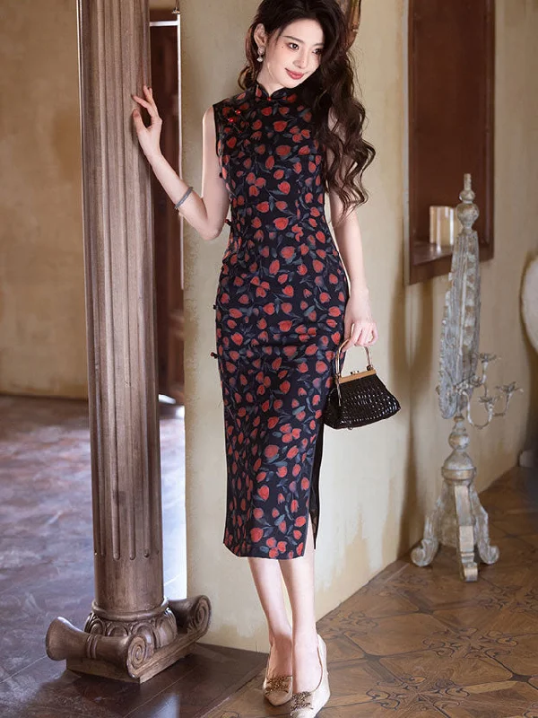 2025 Summer Floral Cheongsam Qipao Dress Tunics Office stylish