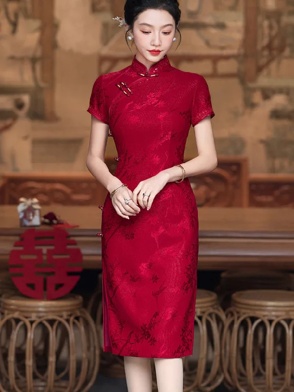 Red Jacquard Mothers Midi Cheongsam Qipao Dress Tunics Trousers formal
