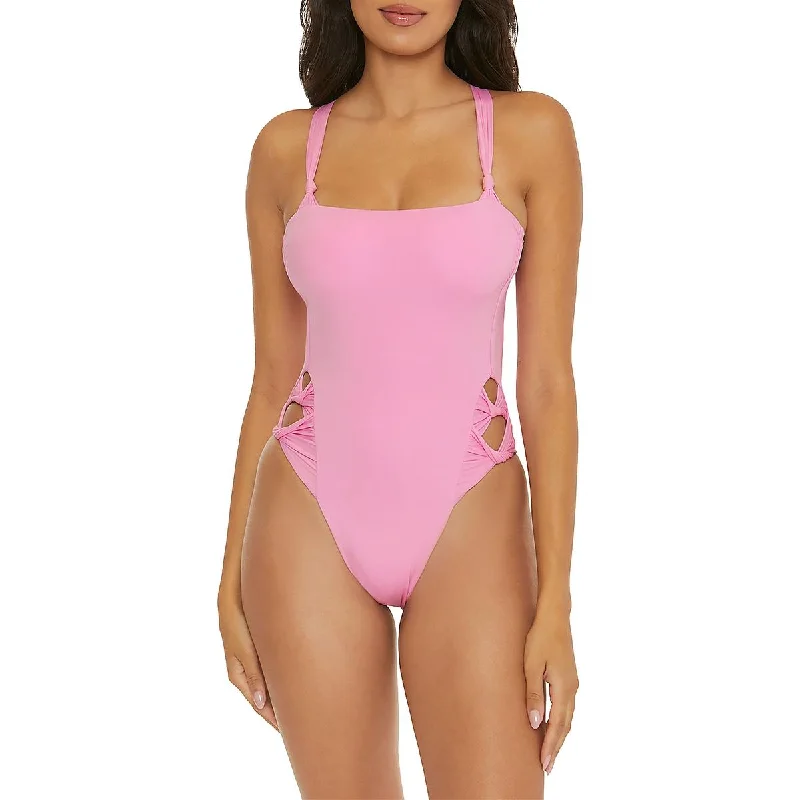 Becca Womens Solid Nylon One-Piece Swimsuit Color-Block Bikini