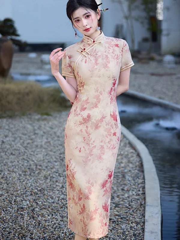 2025 Pink Floral Print Cheongsam Qipao Dress Tunics Spring floral