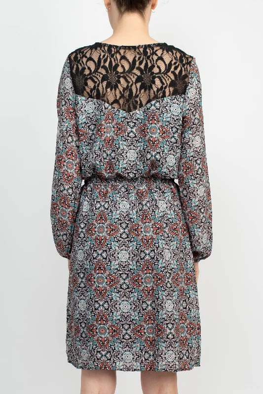 V-Neck Blouson Elastic Waist Long Sleeve Floral Print Crepe Dress Tunics Mesh breathable