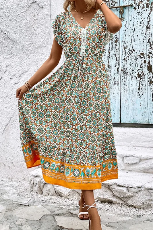 Perfee Bohemian V-Neck Flutter Sleeve Dress Tunics Fleece cozy