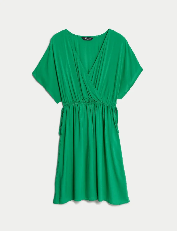 V-Neck Tie Waist Mini Waisted Dress Tunics Versatile stylish