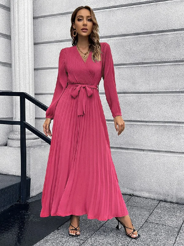 FashionSierra - Pleated Full Sleeve V-neck High Waist Sashes Dress Tunics Occasion special