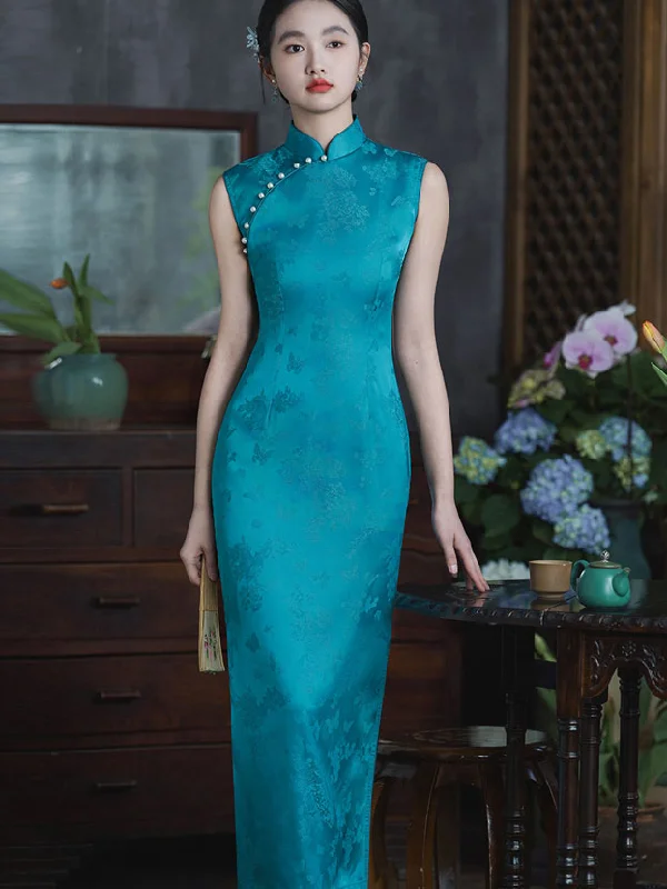 Blue Pink Jacquard Cheongsam Qipao Dress Tunics Gym athletic