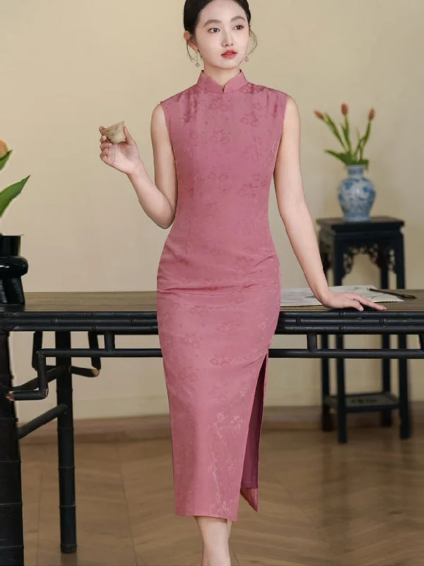 Summer Pink Jacquard Floral Cheongsam Qipao Dress Tunics Business professional