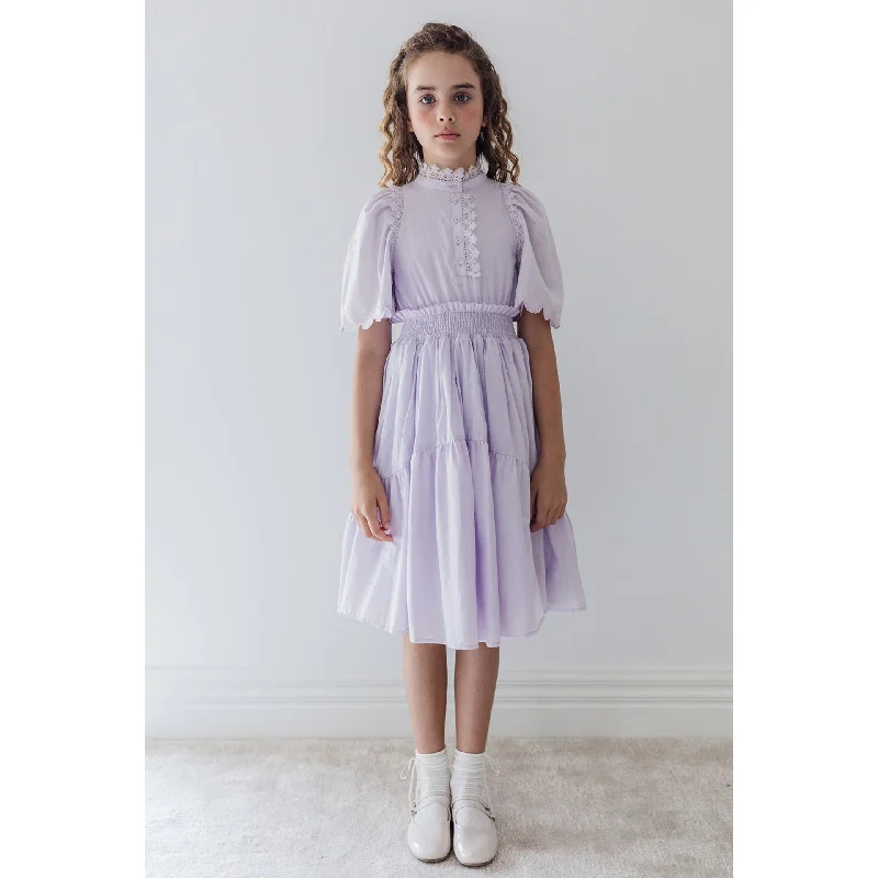 Petite Amalie Lavender Shirred Waist Voile Dress Crew Neckline Sporty
