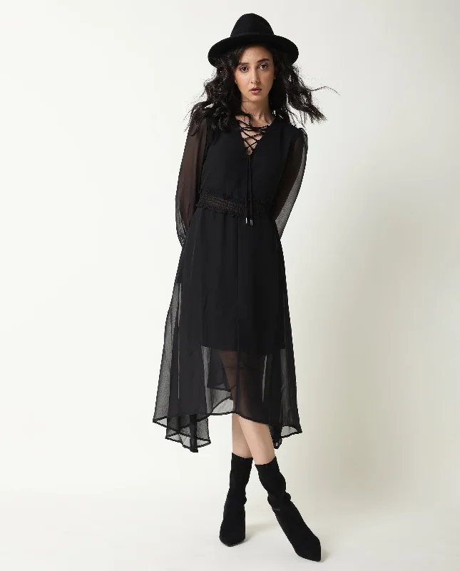 Rareism Women Ommet Black V Neck Criss Cross Tie Up Neckline Full Sleeve Smocked Waist Panel Asymmetric Knee Length Dress Turtleneck Warm Winter Rareism Women Ommet Black V Neck Criss Cross Tie Up Neckline Full Sleeve Smocked Waist Panel Asymmetric Knee Length Dress Turtleneck Warm Winter